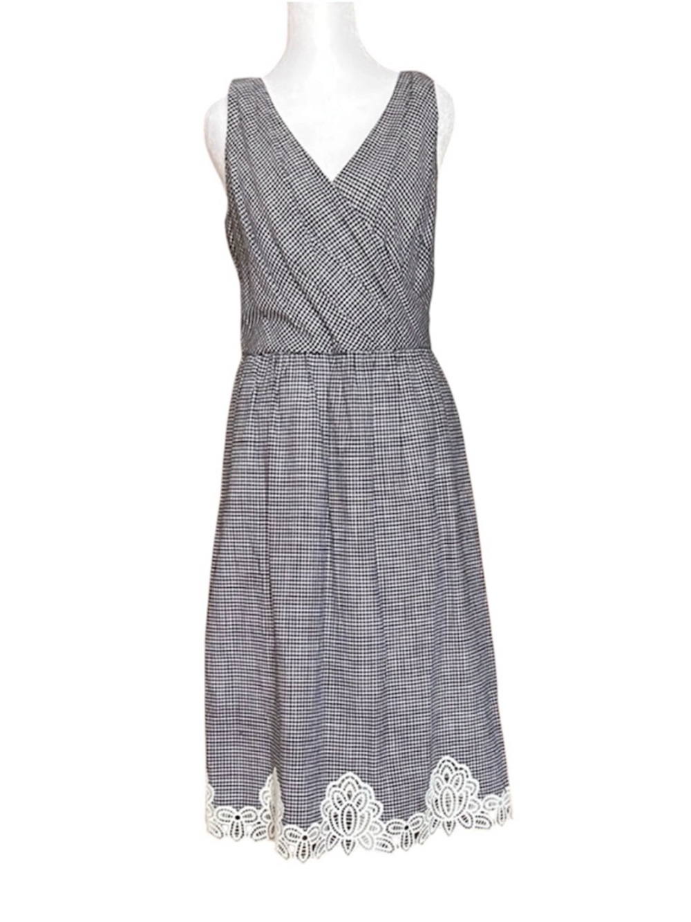Lauren Ralph Lauren Women’s 8 Black White Houndstooth Sleeveless Dress Lace Hem